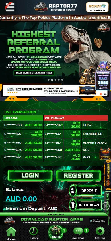 Raptor77 Casino mobile promotions interface with available offers