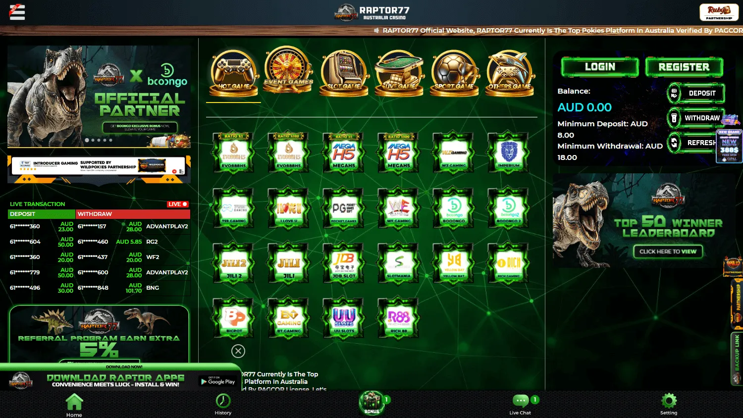 Raptor77 Casino desktop home interface with AUD casino access