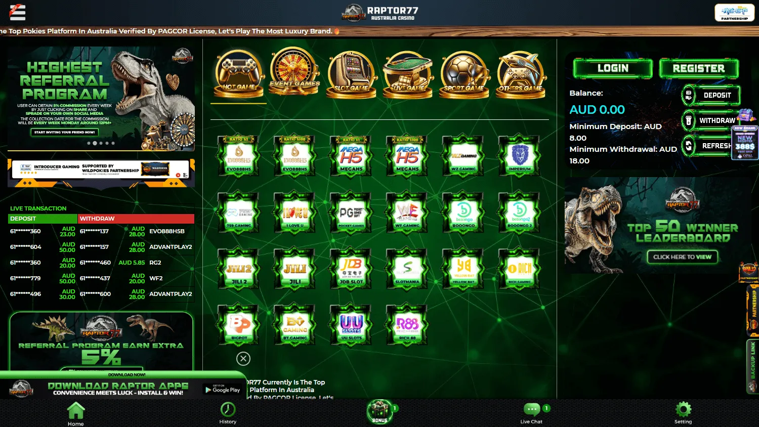 Raptor77 Casino desktop promotions interface with bonus and reward offers