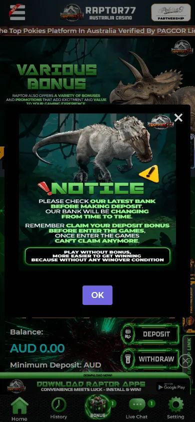 Raptor77 Casino mobile interface with balance, account and casino controls